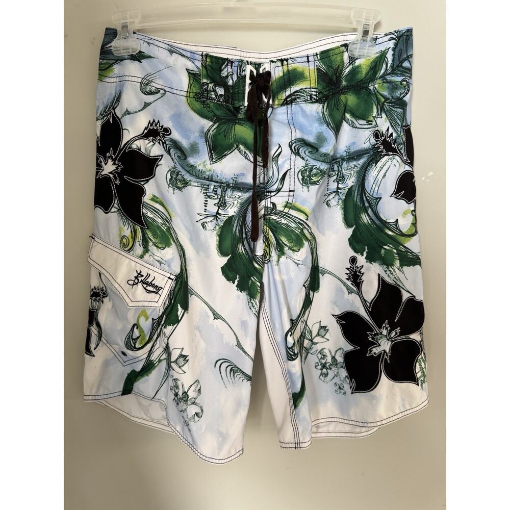 Billabong Y2K Shorts Green Floral Embroidered Swim Surf Mens Size 34